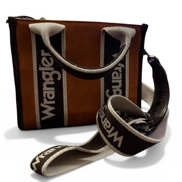 Wrangler Brown Mini Tote Crossbody Bag Logo Striped Western Purse - Picture 2 of 6